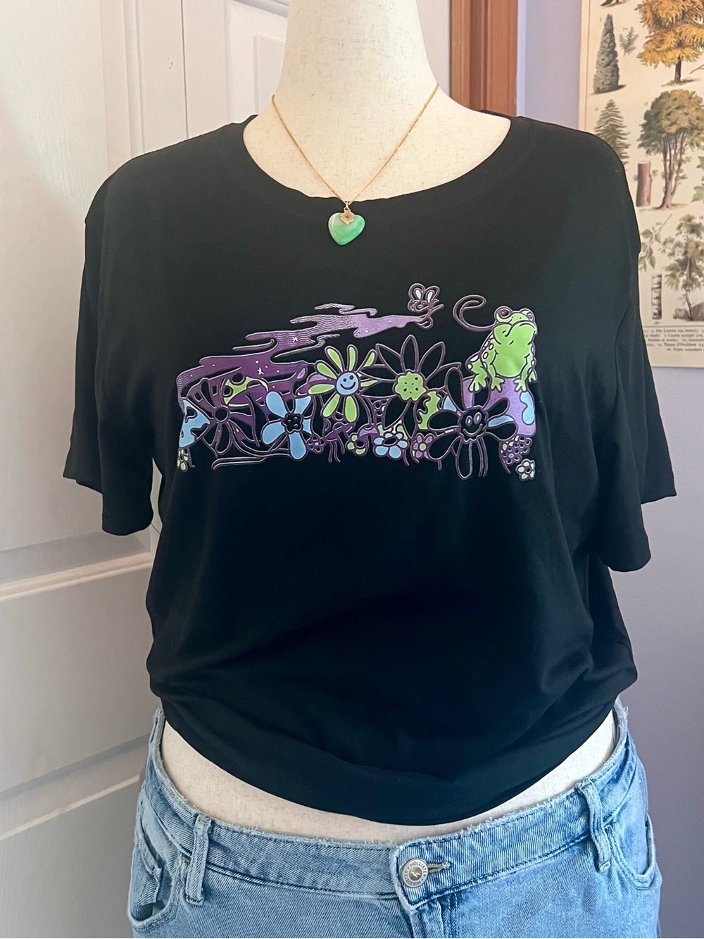 Black Short-Sleeve Tee with Purple & Green Floral Frog Graphic